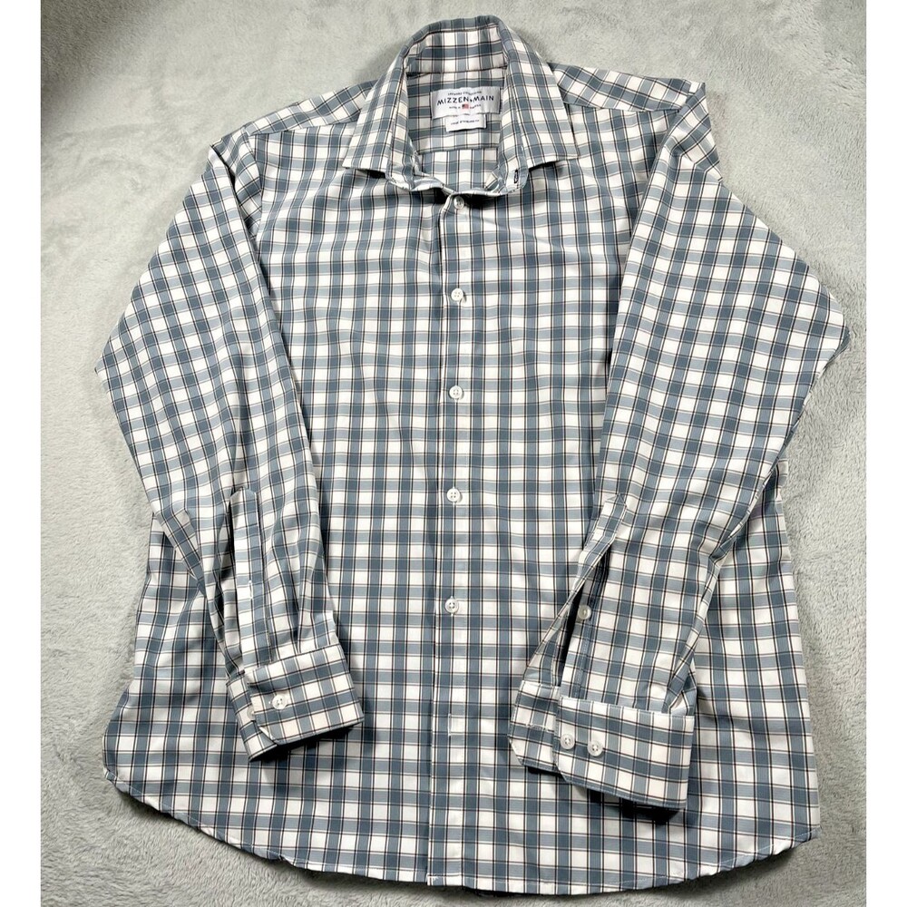 Mizzen + Main Shirt Mens Large Standard White/Blue Plaid Leeward Stretch